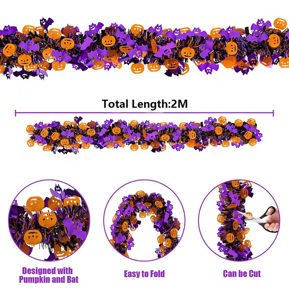 Halloween Tinsel Garland, Purple Tinsel Garland, Pumpkin Bat Halloween Decoration, Indoor Outdoor Garden Party Porch
