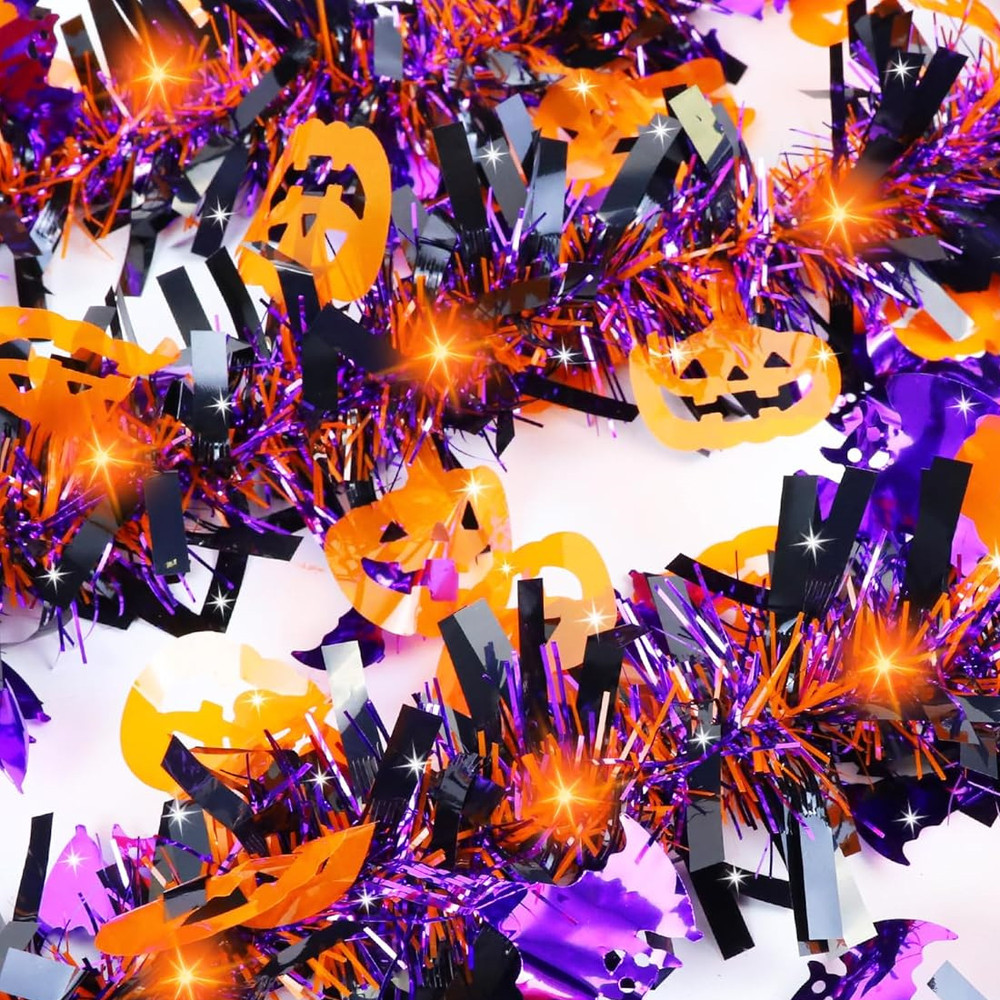 Halloween Tinsel Garland, Purple Tinsel Garland, Pumpkin Bat Halloween Decoration, Indoor Outdoor Garden Party Porch