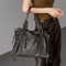 Black Leather Tote Bag with Braided Trim, Gold Rivets Design, Top Handle Work Purse for Women with Front Zipper Pocket