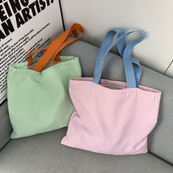 women stripe canvas shoulder bag, large capacity collegebook tote, zipper handbags simple commuter shopping bag