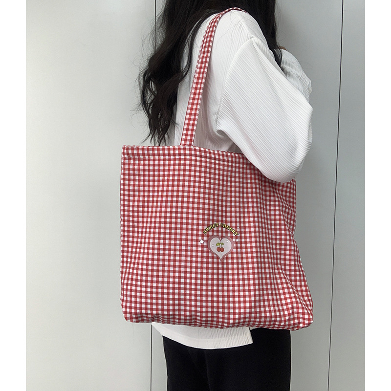 Eco Reusable Retro Plaid Women Portable Shopping Bags, Cotton Tote Shoulder Bag, College Girls Handbags with Zipper