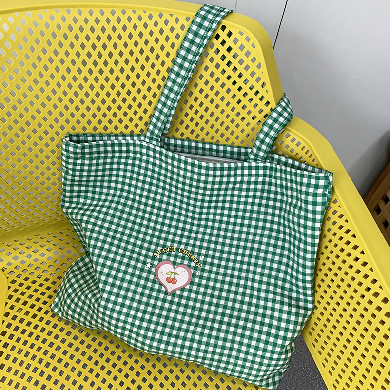 Eco Reusable Retro Plaid Women Portable Shopping Bags, Cotton Tote Shoulder Bag, College Girls Handbags with Zipper