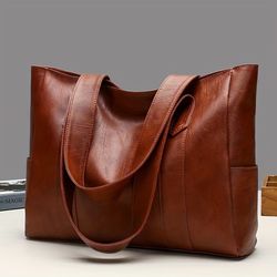 durable pu solid color shoulder bag, large capacity tote bag with zipper double handle, perfect commute bag