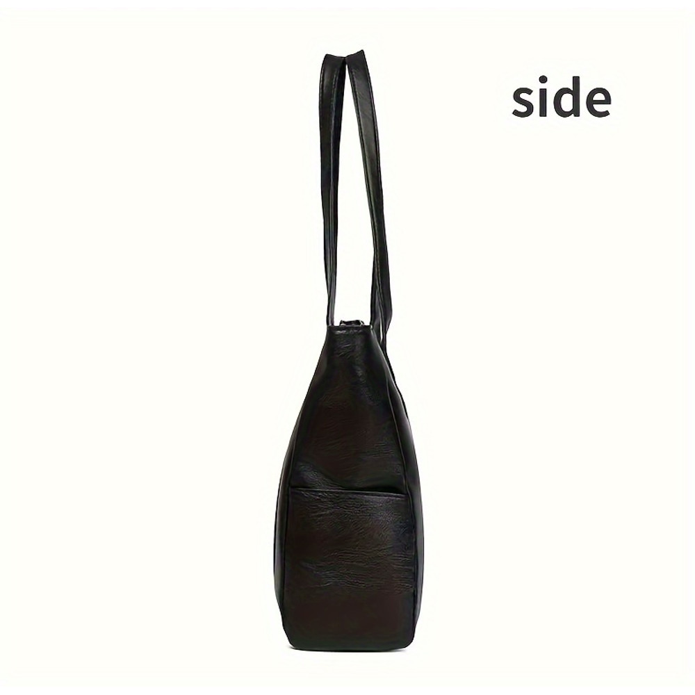 Durable PU Solid Color Shoulder Bag, Large Capacity Tote Bag with Zipper Double Handle, Perfect Commute Bag