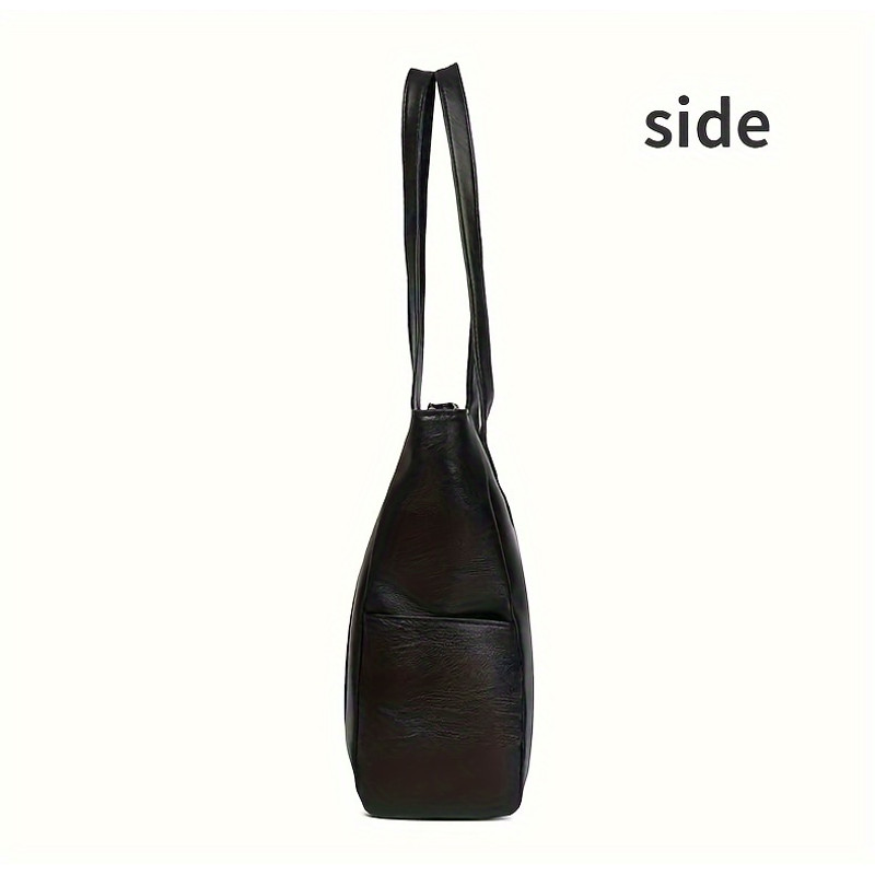 Durable PU Solid Color Shoulder Bag, Large Capacity Tote Bag with Zipper Double Handle, Perfect Commute Bag