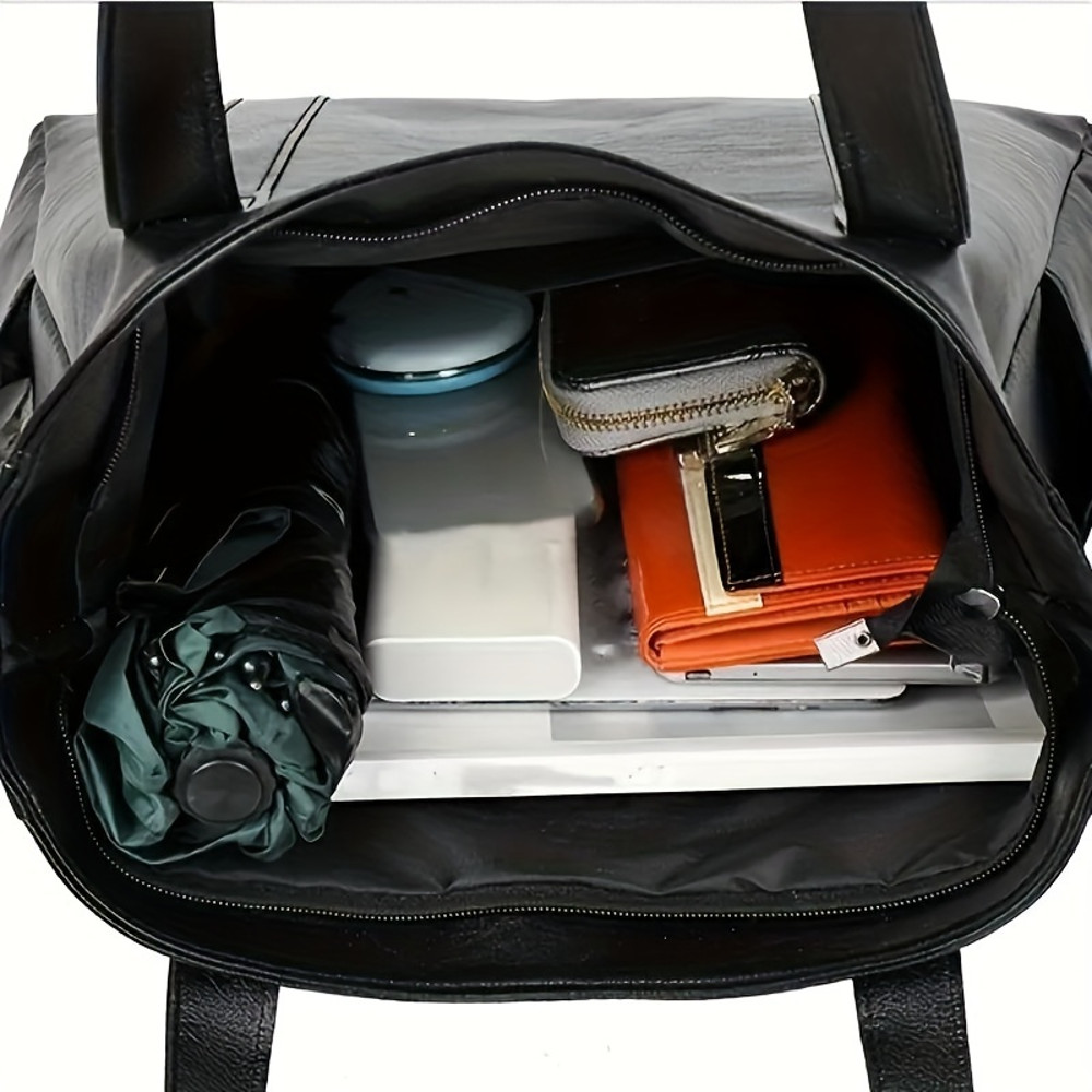 Durable PU Solid Color Shoulder Bag, Large Capacity Tote Bag with Zipper Double Handle, Perfect Commute Bag