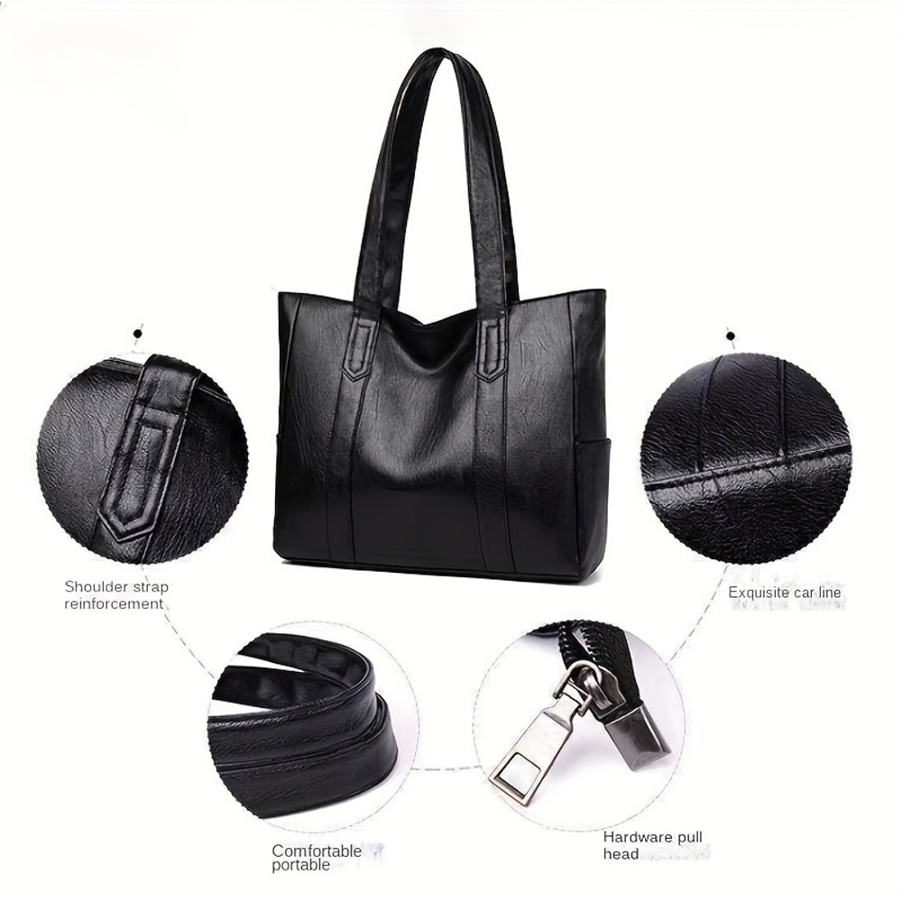 Durable PU Solid Color Shoulder Bag, Large Capacity Tote Bag with Zipper Double Handle, Perfect Commute Bag