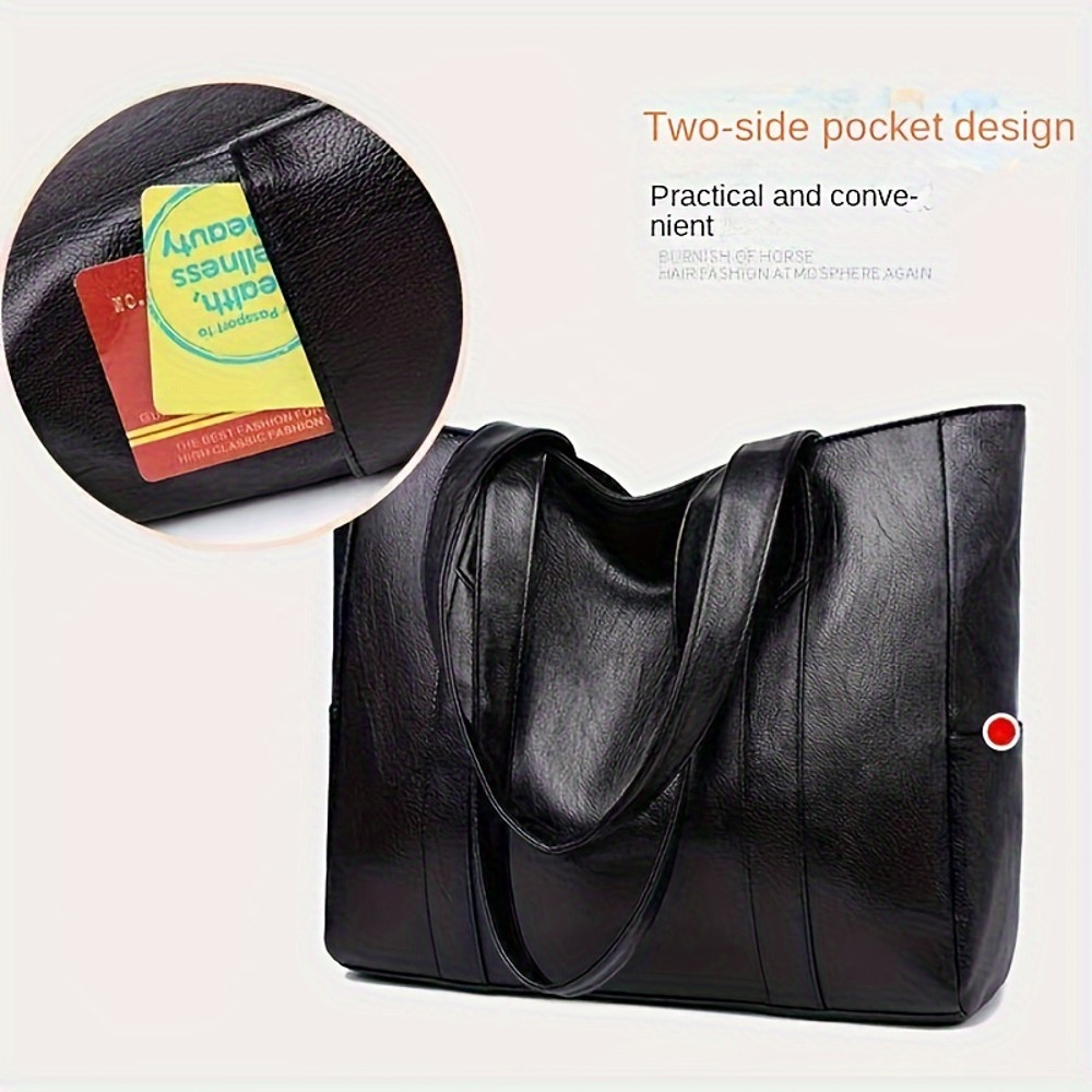 Durable PU Solid Color Shoulder Bag, Large Capacity Tote Bag with Zipper Double Handle, Perfect Commute Bag