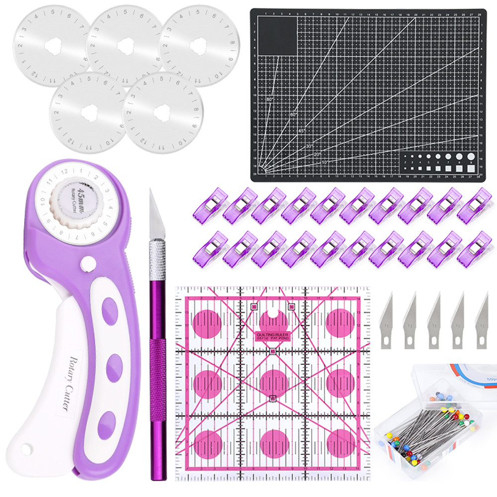Purple Rotary Cutter Kit with A4 Cutting Mat, Blades, Sewing Clips, Ruler, Patchwork DIY Fabric Cutting Sewing Tools