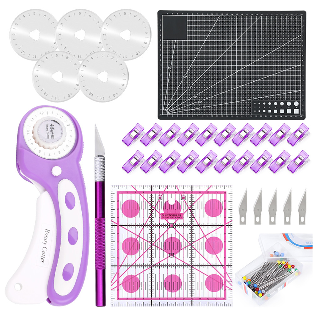 Purple Rotary Cutter Kit with A4 Cutting Mat, Blades, Sewing Clips, Ruler, Patchwork DIY Fabric Cutting Sewing Tools