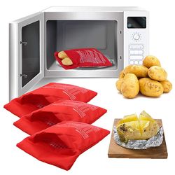 4-minute microwave potato cooker bag, reusable red pouch for baking perfect potatoes quickly, express kitchen helper