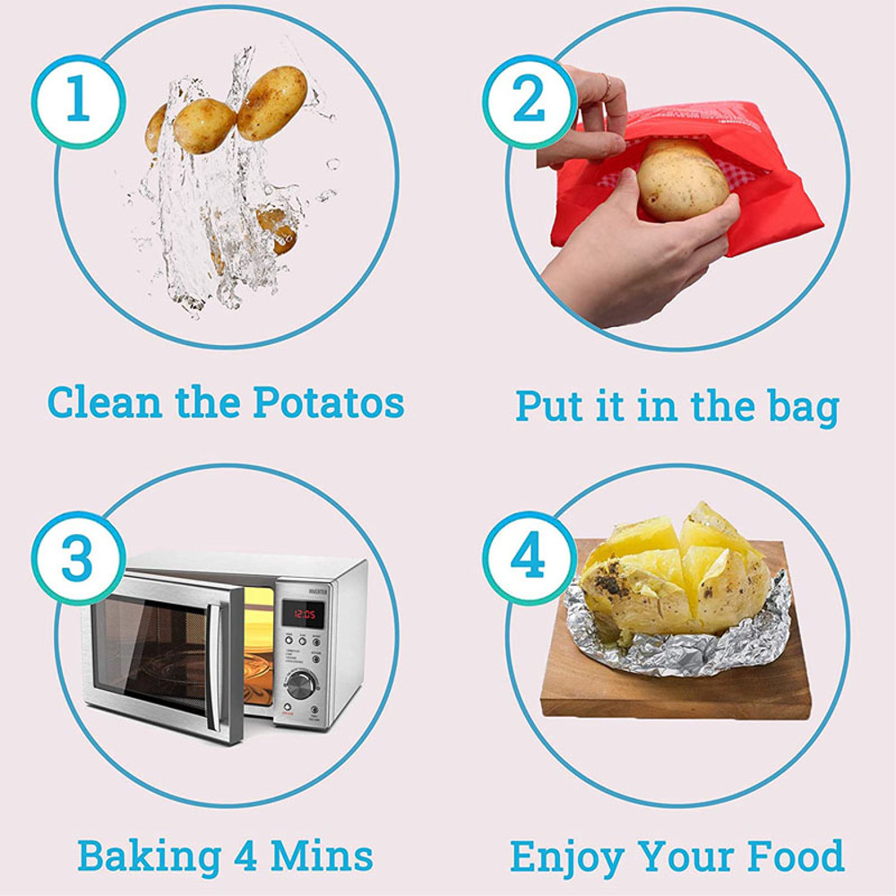4Minute Microwave Potato Cooker Bag Reusable Red Pouch For Baking Perfect Potatoes Quickly Express 3