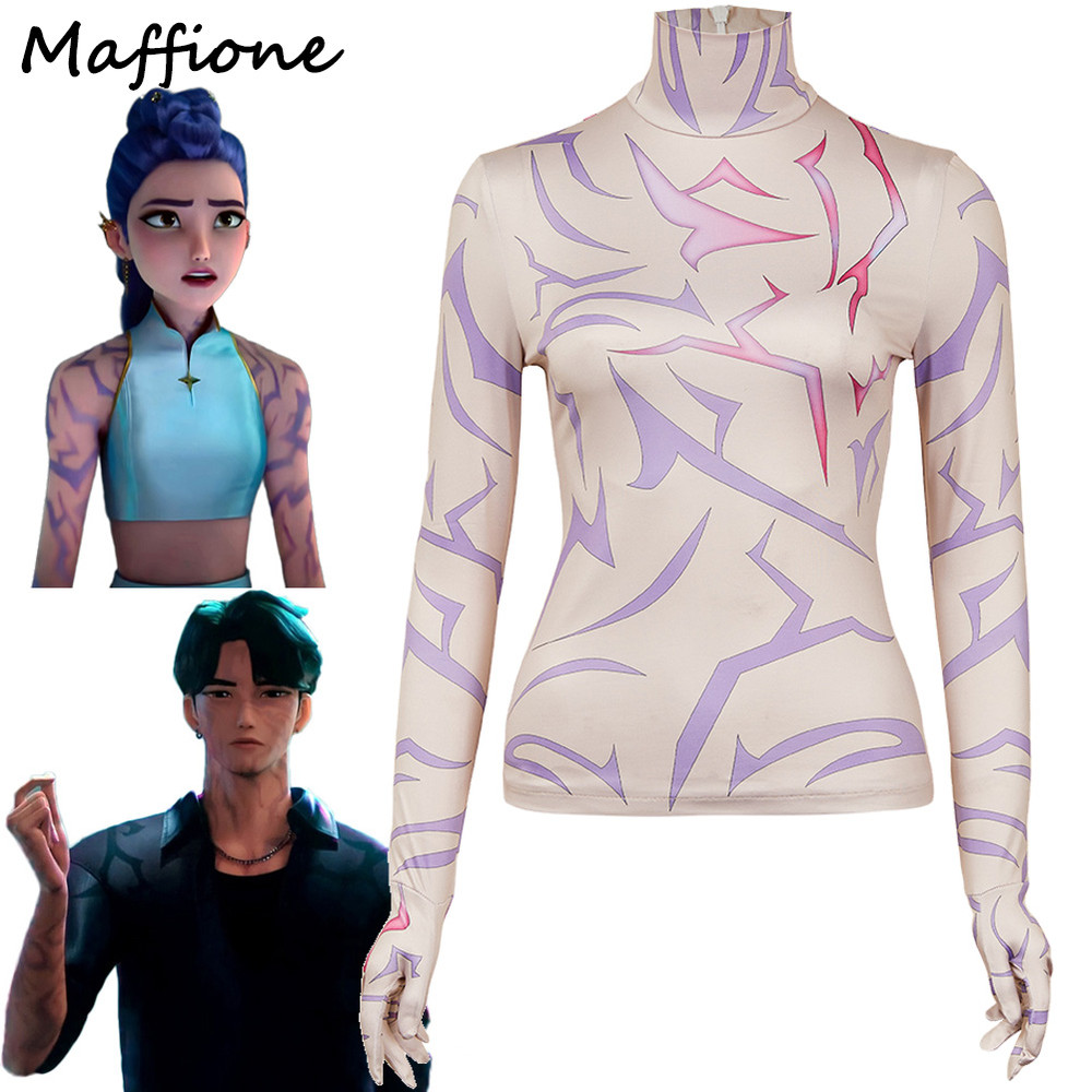 Demon Hunter of KPop Rumi Jinu Cosplay Tatto Tops Costume Unisex Disguise Devil Tattoo Undercoat Outfits Gloves Hallowee