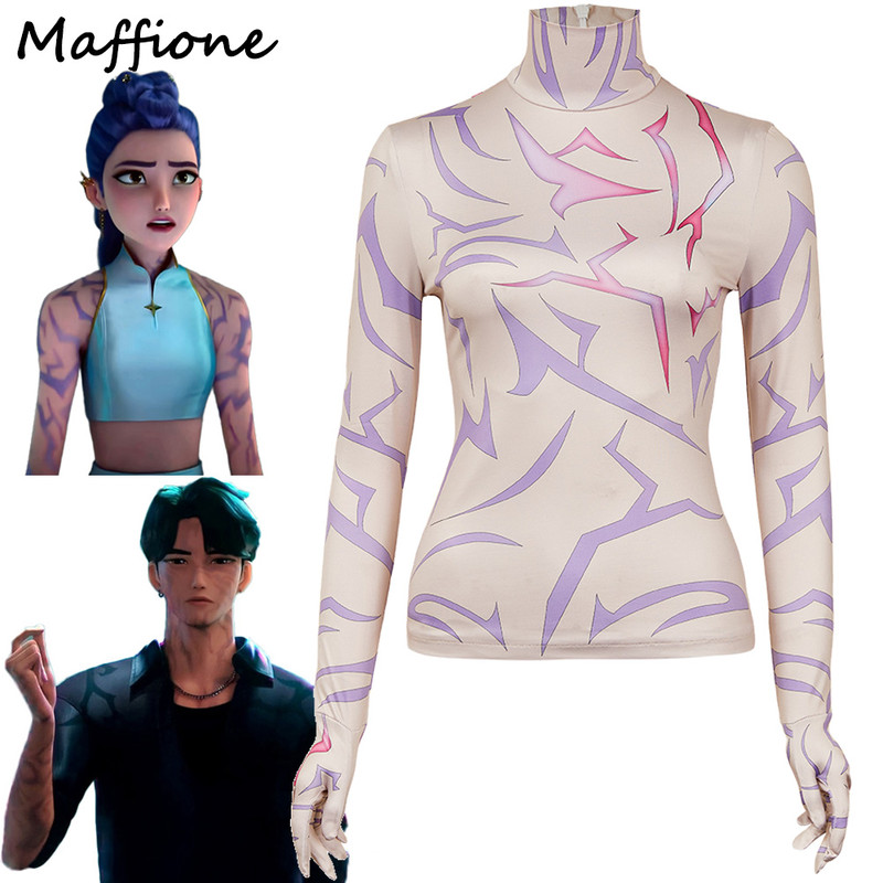 Demon Hunter of KPop Rumi Jinu Cosplay Tatto Tops Costume Unisex Disguise Devil Tattoo Undercoat Outfits Gloves Hallowee