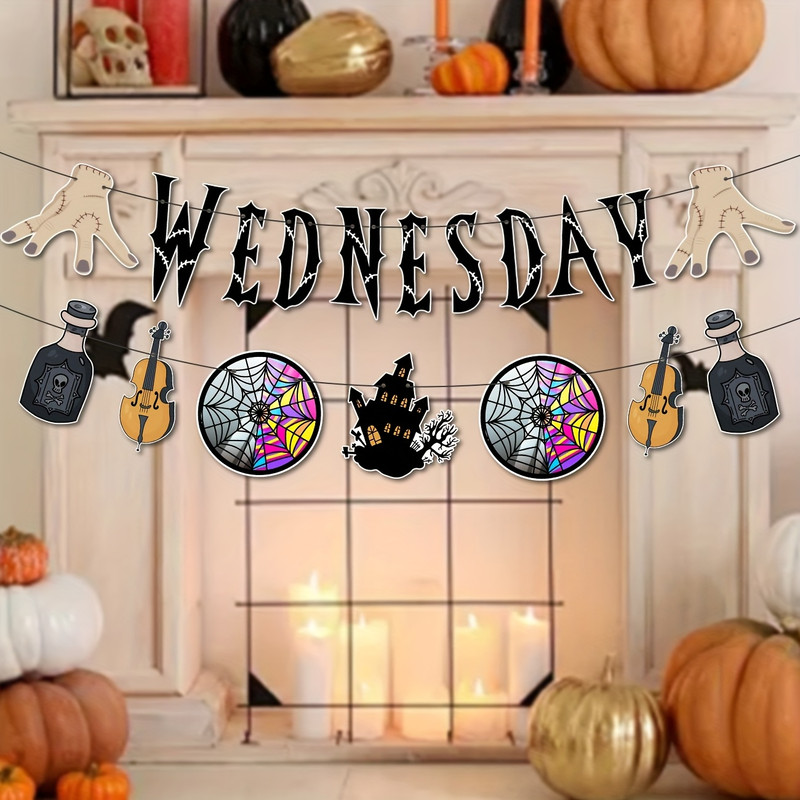 Wednesday Themed Party Supplies, Horror Birthday Banner, Halloween Decorations Kit with Wednesday Inspired Party Banner