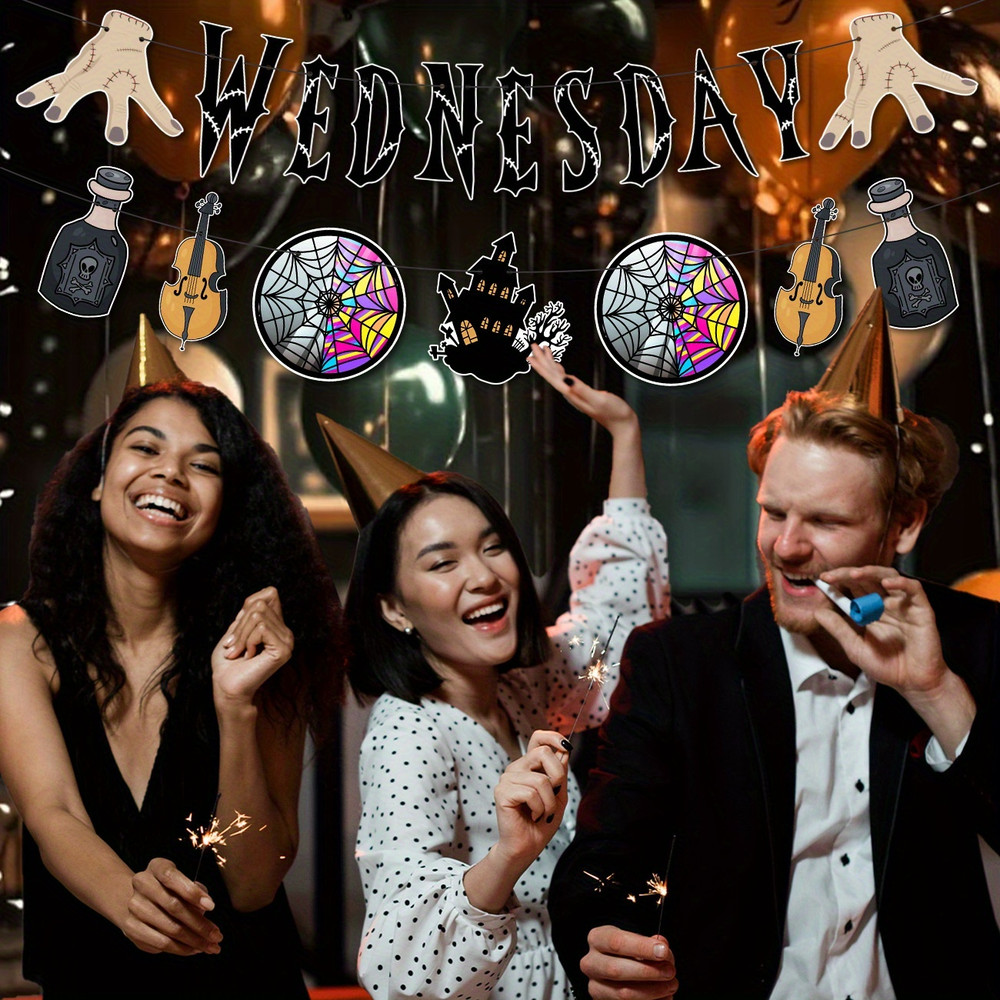 Wednesday Themed Party Supplies, Horror Birthday Banner, Halloween Decorations Kit with Wednesday Inspired Party Banner