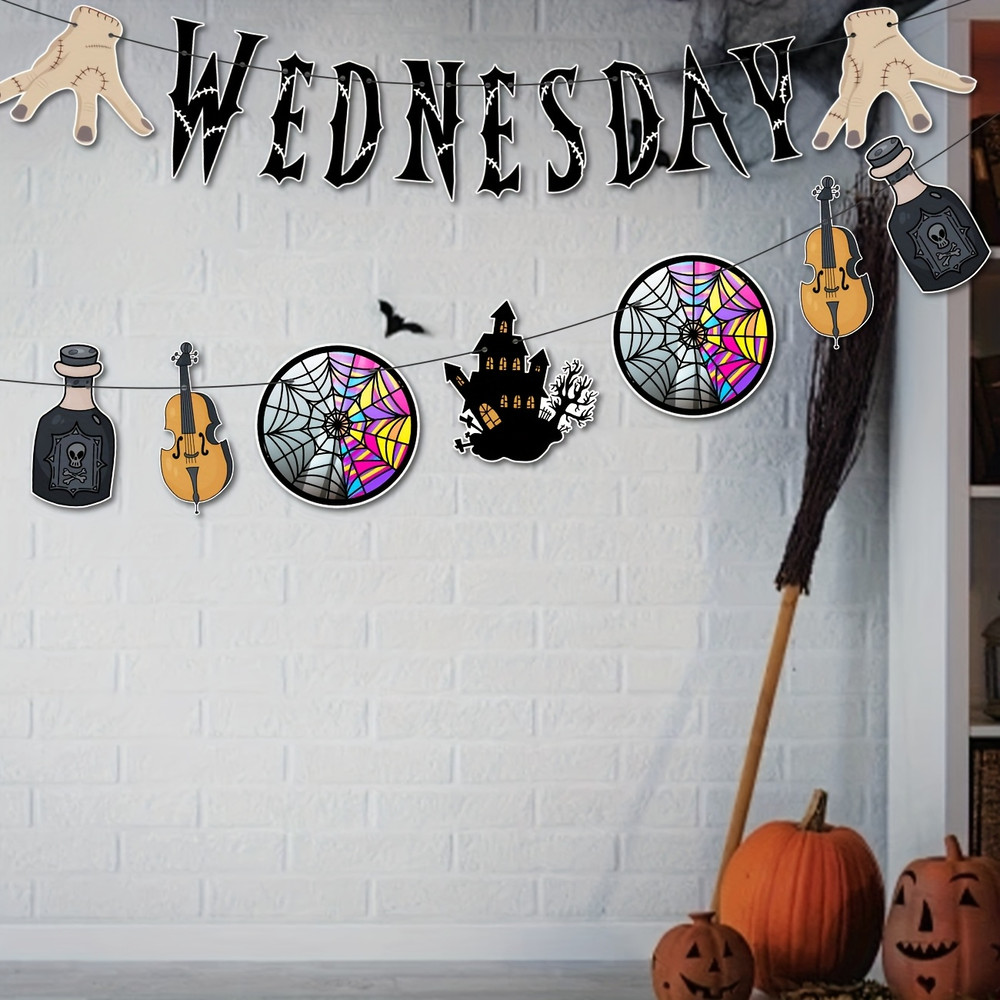 Wednesday Themed Party Supplies, Horror Birthday Banner, Halloween Decorations Kit with Wednesday Inspired Party Banner
