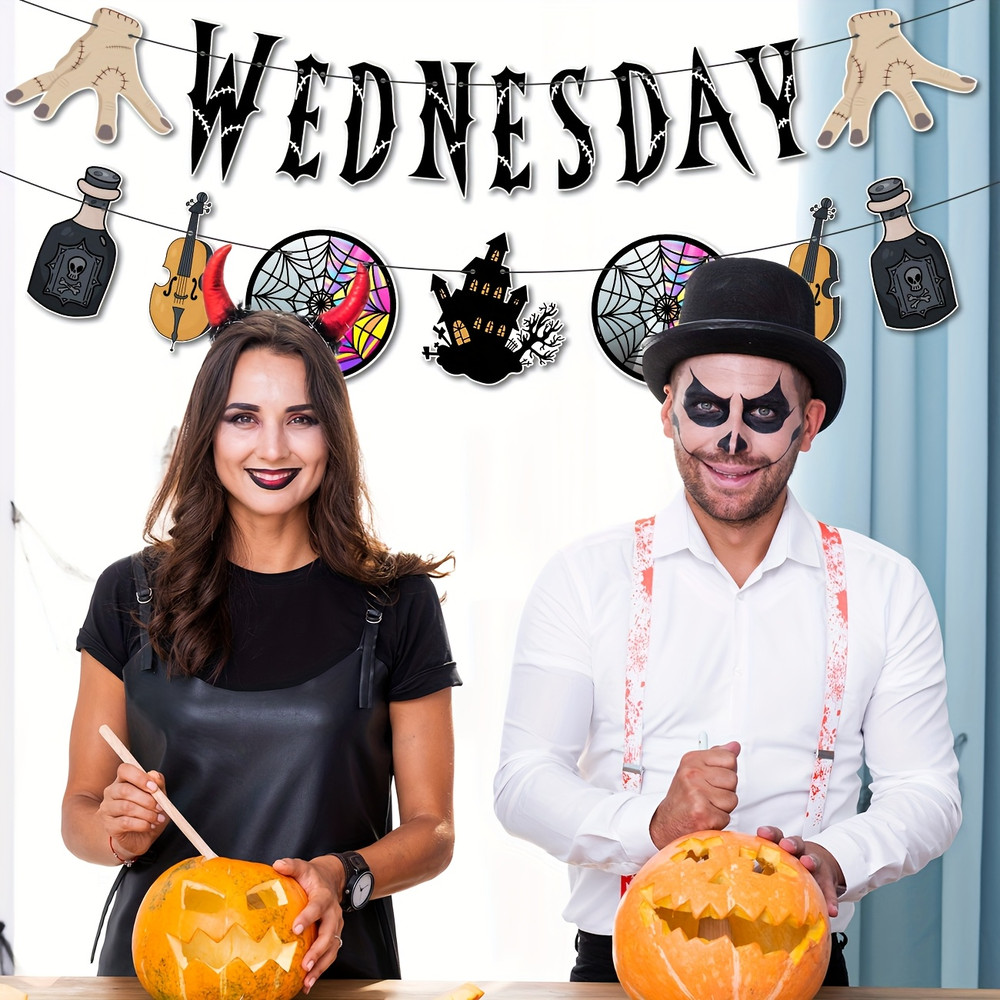 Wednesday Themed Party Supplies, Horror Birthday Banner, Halloween Decorations Kit with Wednesday Inspired Party Banner