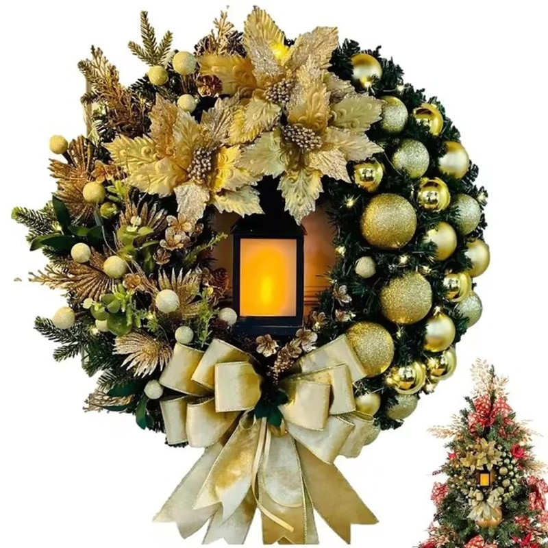Elegant Pre Lit Christmas Wreath for Front Door,40cm Garland with LED Lantern and Large Bow for Holiday Wall Decor