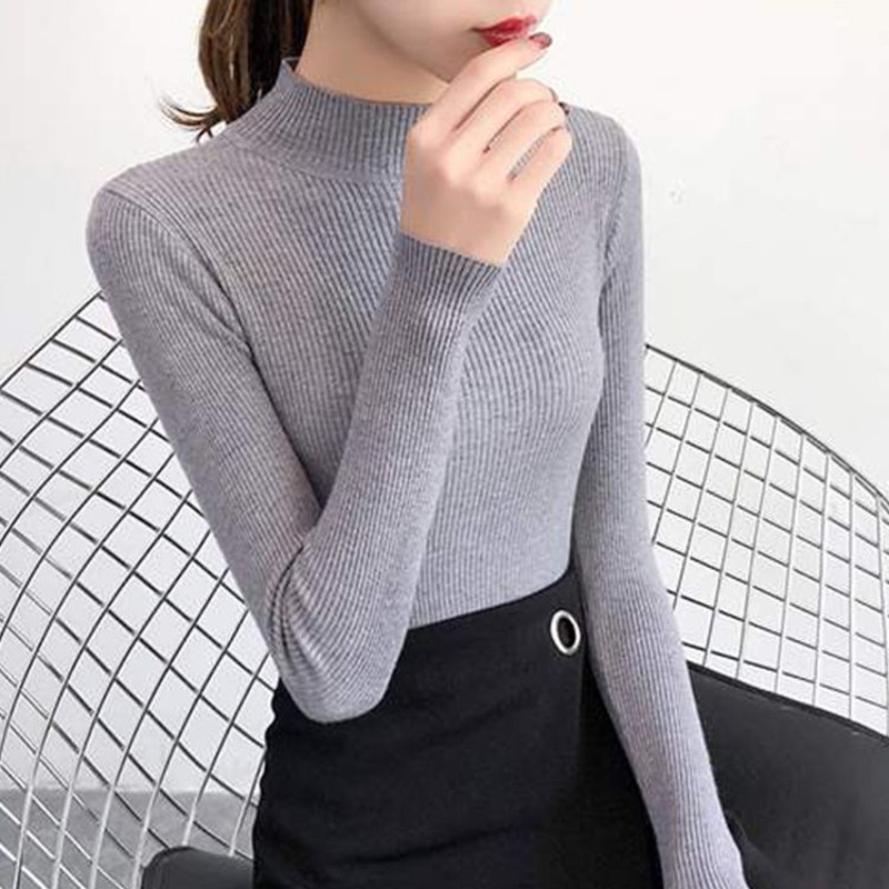 Women's Mock Neck Sweater,Vintage Basic Solid Knitted Pullover for Autumn Winter, Casual Slim Fit Korean Style Tops