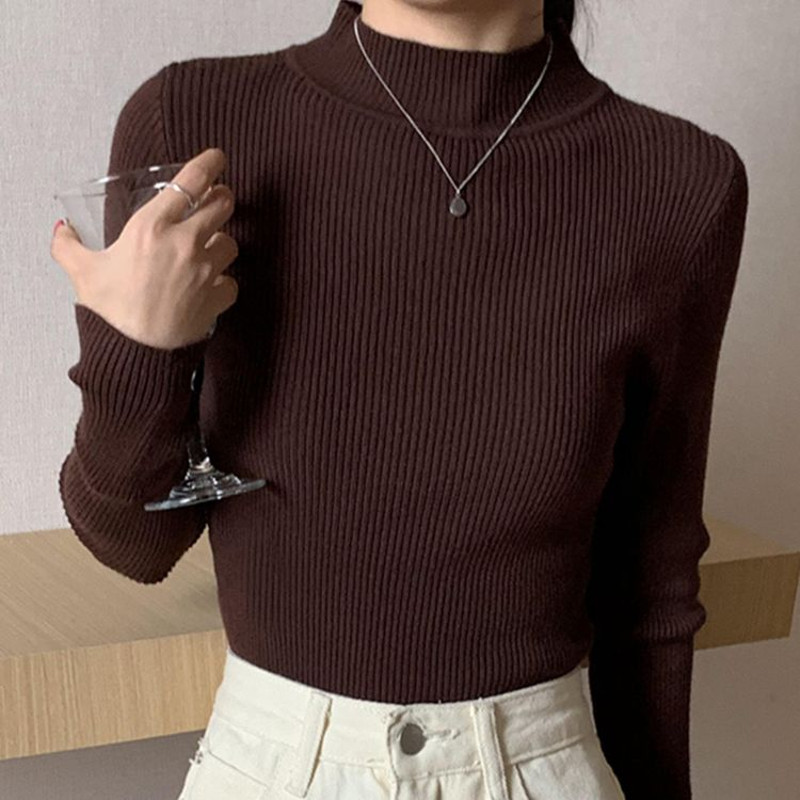 Women's Mock Neck Sweater,Vintage Basic Solid Knitted Pullover for Autumn Winter, Casual Slim Fit Korean Style Tops