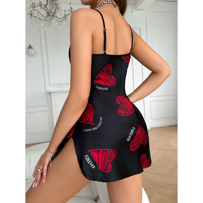 Valentine's Day Satin Slip Nightdress for Women, Red Lip Print V Neck Backless Mini Sleep Dress & Nightwear