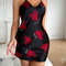 Valentine's Day Satin Slip Nightdress for Women, Red Lip Print V Neck Backless Mini Sleep Dress & Nightwear