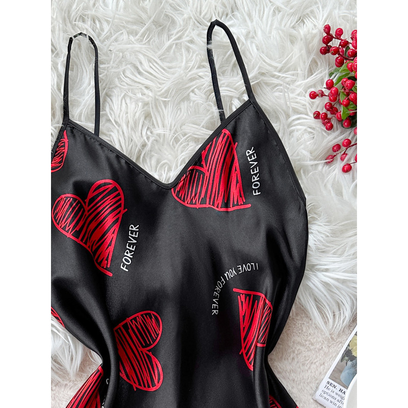 Valentine's Day Satin Slip Nightdress for Women, Red Lip Print V Neck Backless Mini Sleep Dress & Nightwear