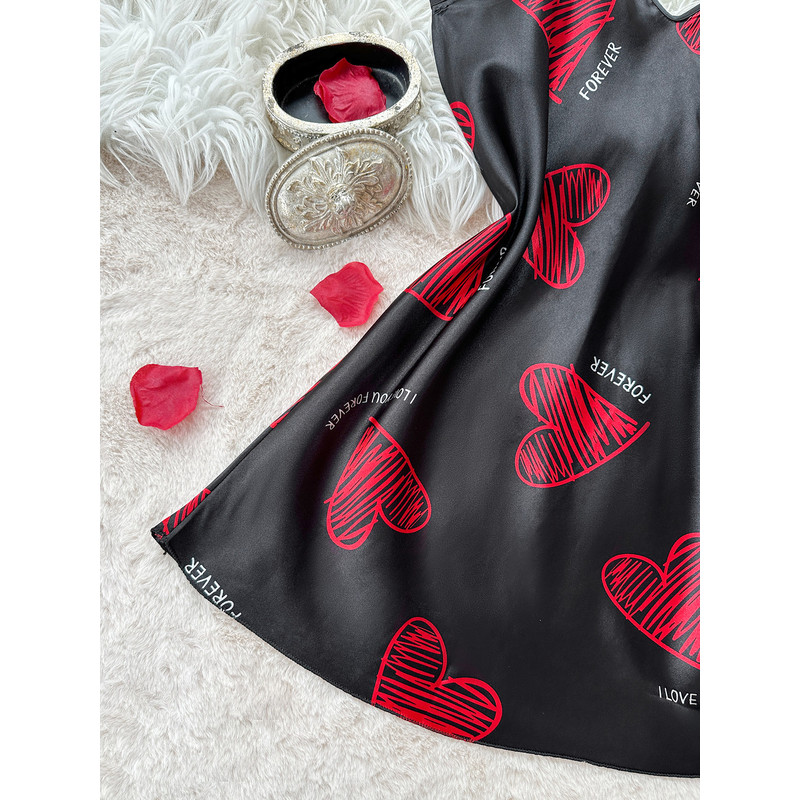 Valentine's Day Satin Slip Nightdress for Women, Red Lip Print V Neck Backless Mini Sleep Dress & Nightwear