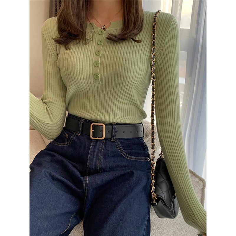 Womens Knitted Sweater Button O Neck Pullover, Lightweight Spring Autumn Basic Sweaters for Female Slim Fit Solid Tops