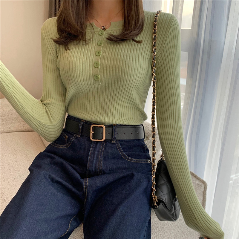 Womens Knitted Sweater Button O Neck Pullover, Lightweight Spring Autumn Basic Sweaters for Female Slim Fit Solid Tops