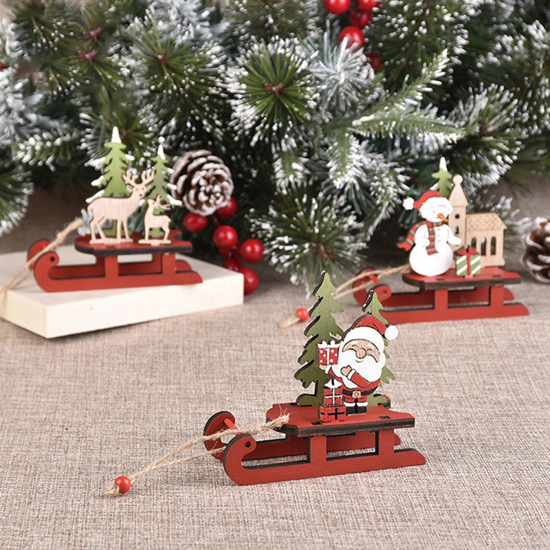 Wooden Christmas Ornaments Sleigh Santa Claus Snowman Elk Pendant Christmas Tree Decor Home Party D 1