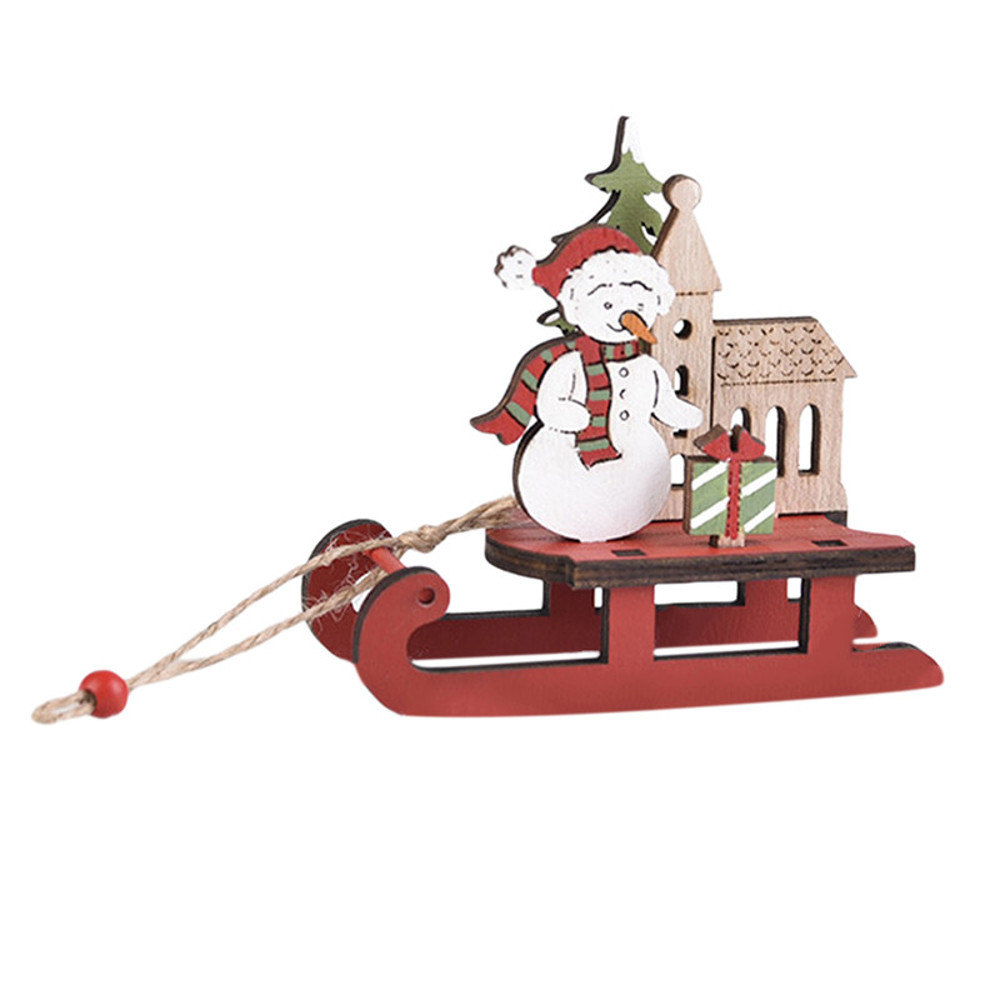 Wooden Christmas Ornaments Sleigh Santa Claus Snowman Elk Pendant Christmas Tree Decor Home Party D 3