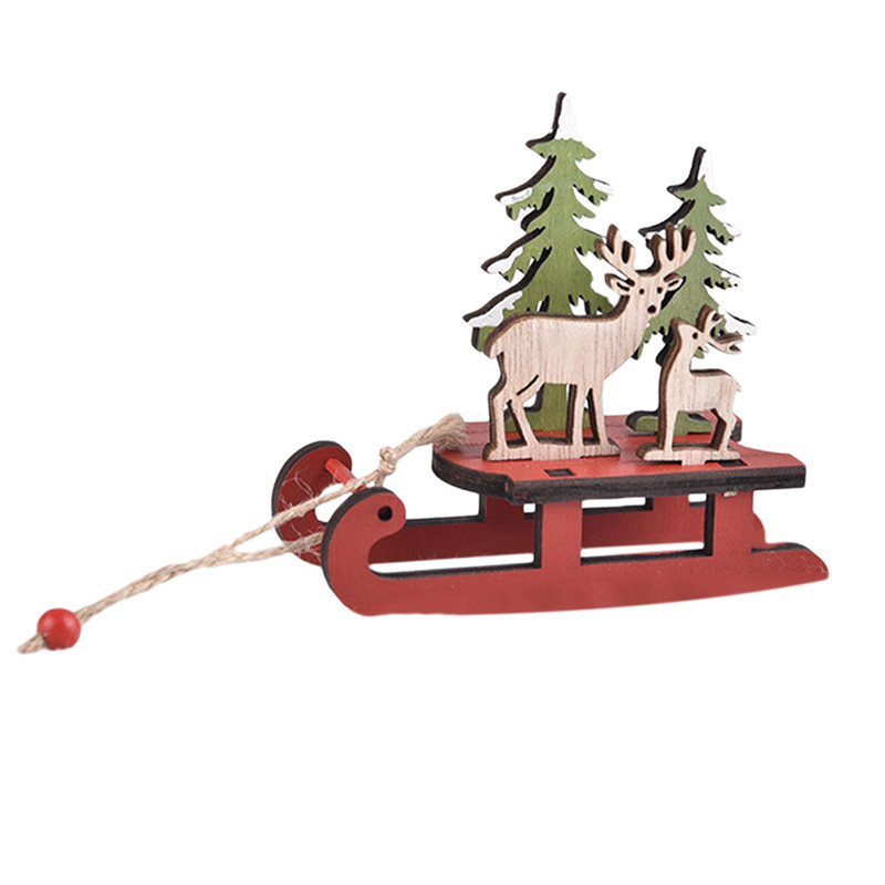 Wooden Christmas Ornaments Sleigh Santa Claus Snowman Elk Pendant Christmas Tree Decor Home Party D 4