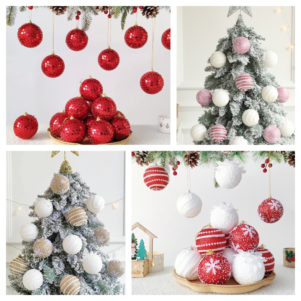 Christmas Ball Ornaments 6pcs 8cm, Red White Hanging Tree Decorations, Holiday New Year Navidad Home Decor