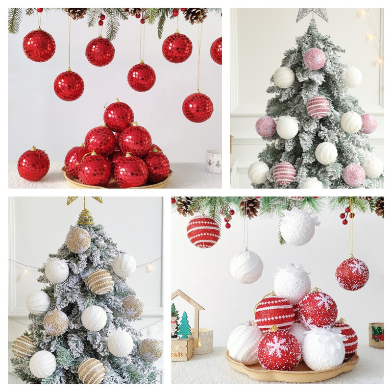 Christmas Ball Ornaments 6pcs 8cm, Red White Hanging Tree Decorations, Holiday New Year Navidad Home Decor