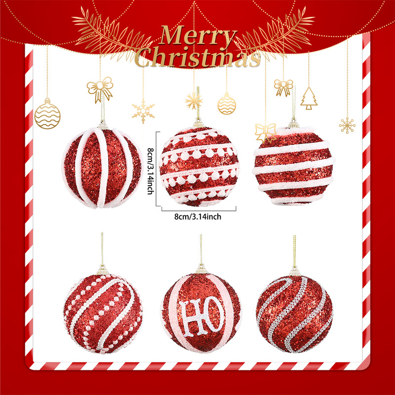 Christmas Ball Ornaments 6pcs 8cm, Red White Hanging Tree Decorations, Holiday New Year Navidad Home Decor
