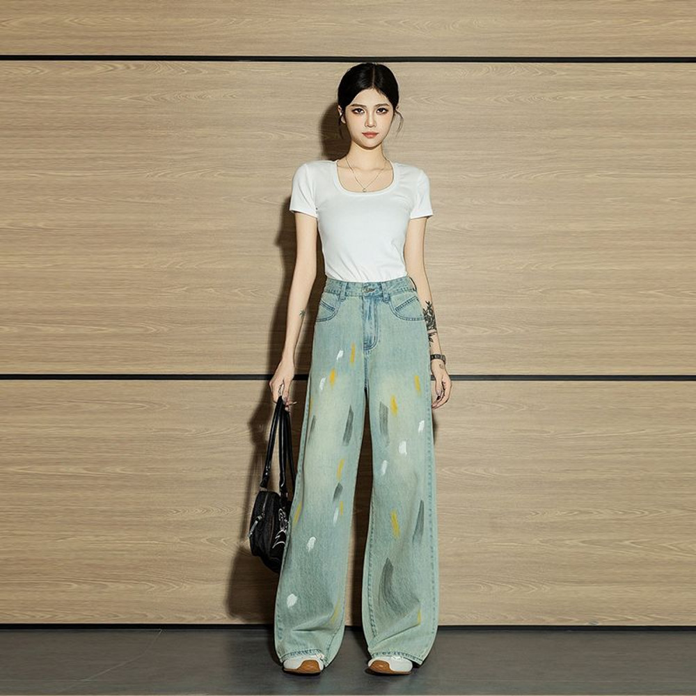 Autumn Retro Graffiti Womens Jeans, High-Waisted Mop Pants, Niche Straight Denim for Women