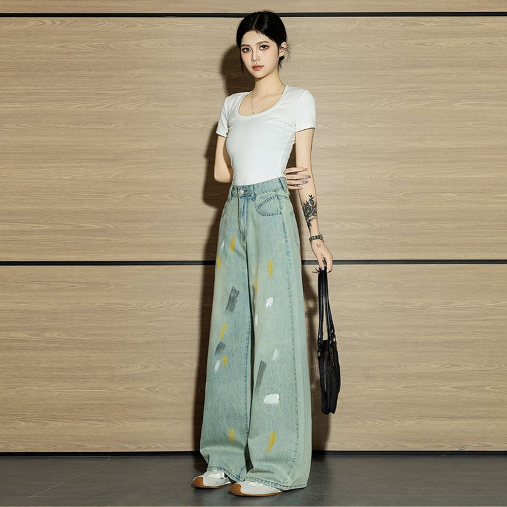 Autumn Retro Graffiti Womens Jeans, High-Waisted Mop Pants, Niche Straight Denim for Women