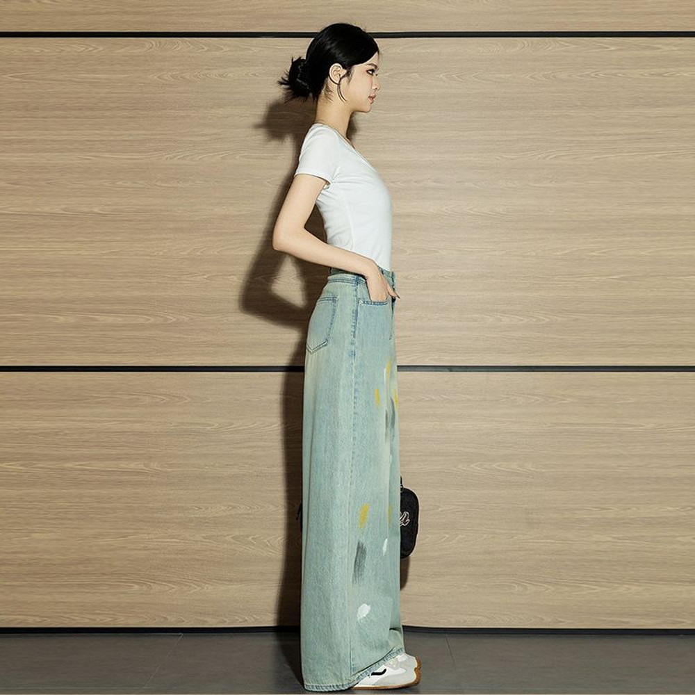 Autumn Retro Graffiti Womens Jeans, High-Waisted Mop Pants, Niche Straight Denim for Women