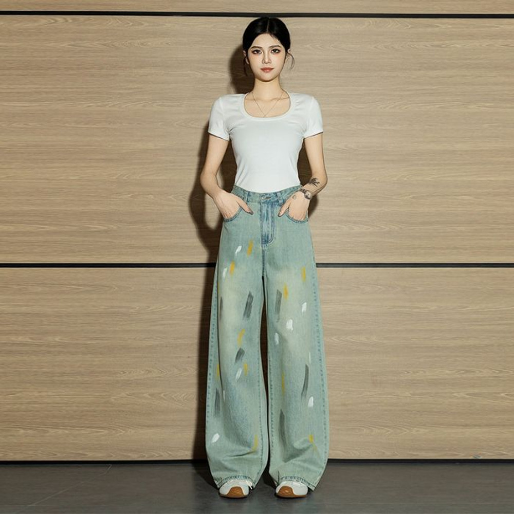 Autumn Retro Graffiti Womens Jeans, High-Waisted Mop Pants, Niche Straight Denim for Women