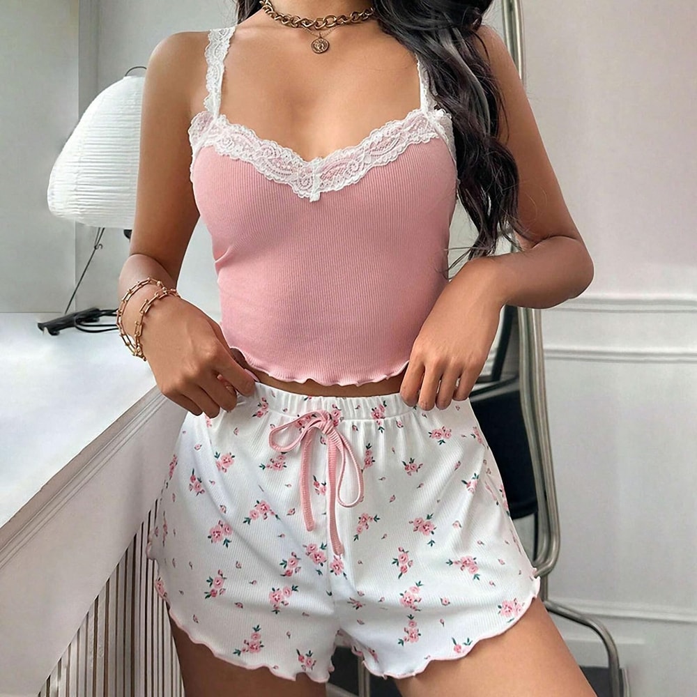 Sexy Nighties Women Pajama Set Lace Patchwork VNeck Sleepwear Soft Pyjamas Camisole Top With Printe 4