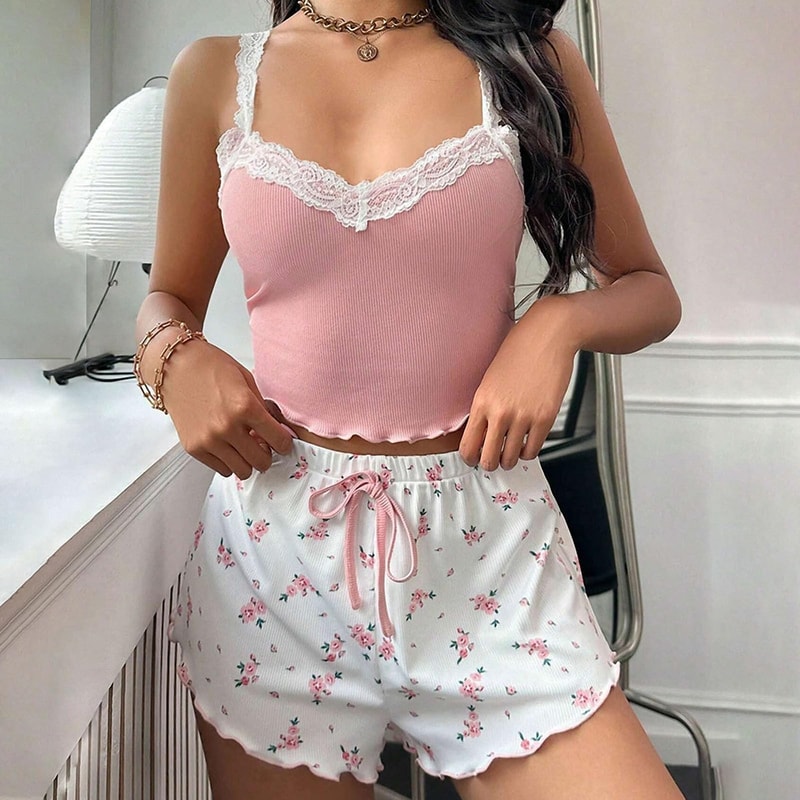 Sexy Nighties Women Pajama Set Lace Patchwork VNeck Sleepwear Soft Pyjamas Camisole Top With Printe 4