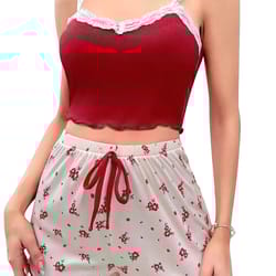 sexy nighties women pajama set, lace patchwork v-neck sleepwear, soft pyjamas camisole top with printed shorts