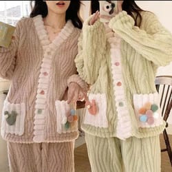 soft fairy wind ladies pajamas, thickened warm flannel women sleepwear, loungewear cardigan suit