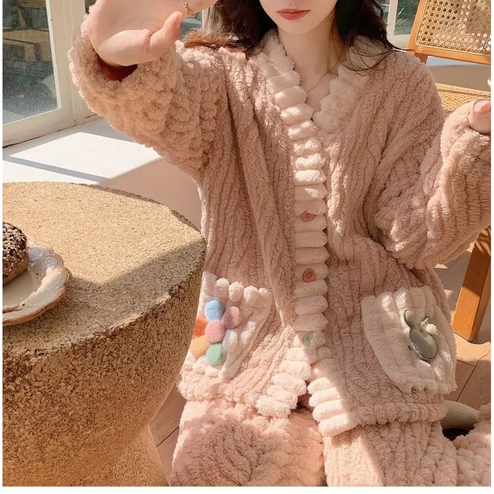 Soft Fairy Wind Ladies Pajamas Thickened Warm Flannel Women Sleepwear Loungewear Cardigan Suit 3