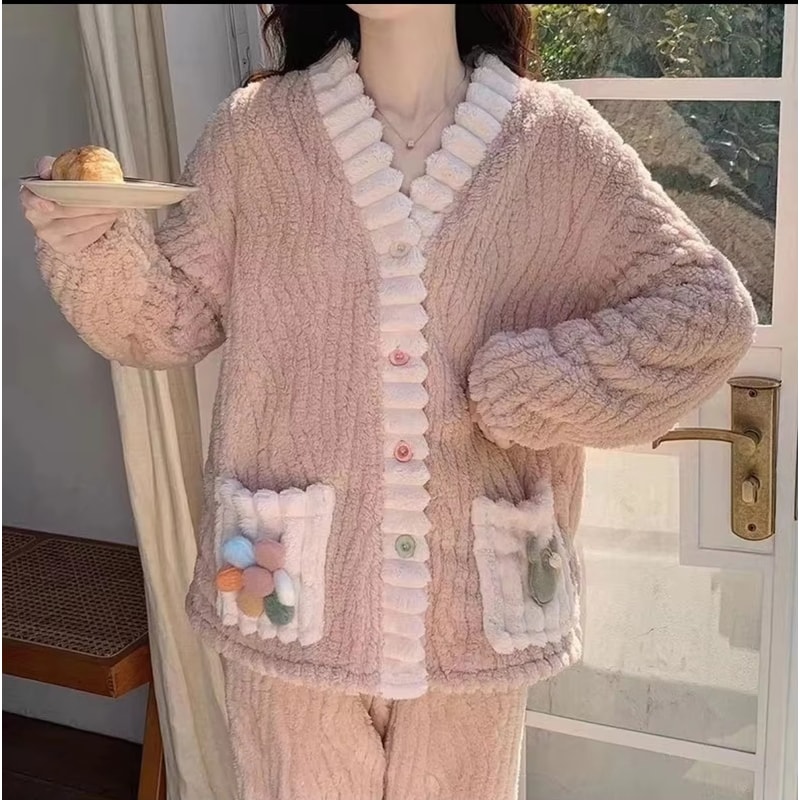 Soft Fairy Wind Ladies Pajamas Thickened Warm Flannel Women Sleepwear Loungewear Cardigan Suit 1