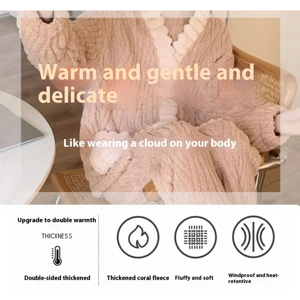 Soft Fairy Wind Ladies Pajamas Thickened Warm Flannel Women Sleepwear Loungewear Cardigan Suit 7