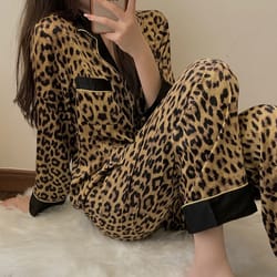 womens thailand spring and fall pajamas set, leopard print long sleeved sleepwear, ladies upscale loungewear homewear