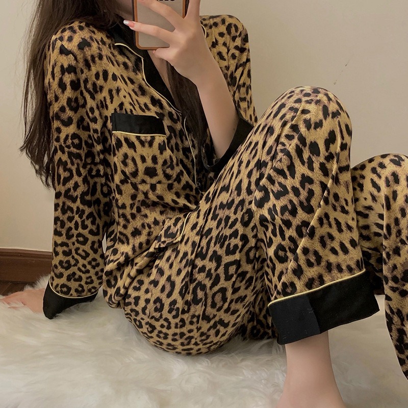 Womens Thailand Spring and Fall Pajamas Set, Leopard Print Long Sleeved Sleepwear, Ladies Upscale Loungewear Homewear